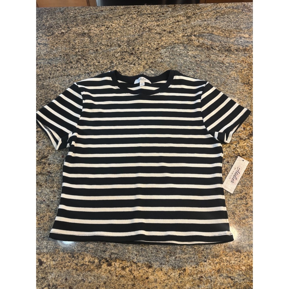 NWT‎ Atelier by Kirious Black White Stripe Ribbed Knit T Shirt Top Womens XL